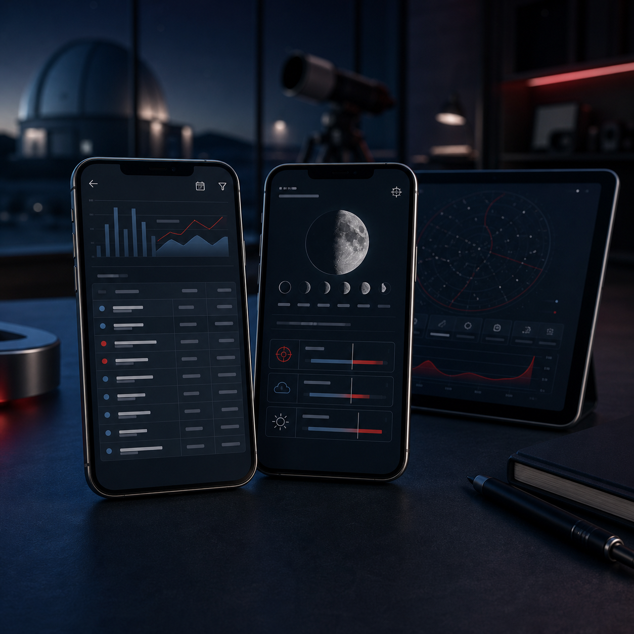 Mobile devices displaying reports and astronomy planning tools