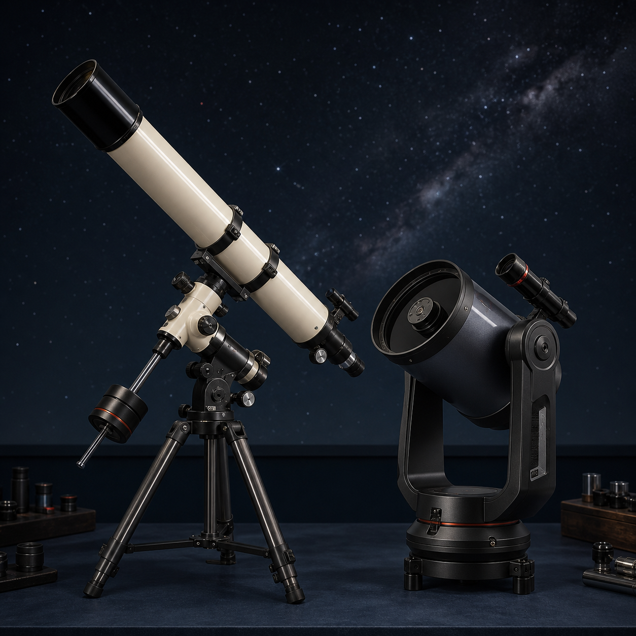 A classic refractor and a modern computerized telescope displayed together